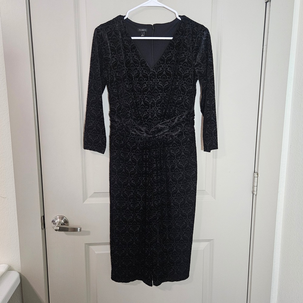 Talbots Black Damask Flocked Velvet V-Neck Sheath Dress 3/4 Sleeve Small